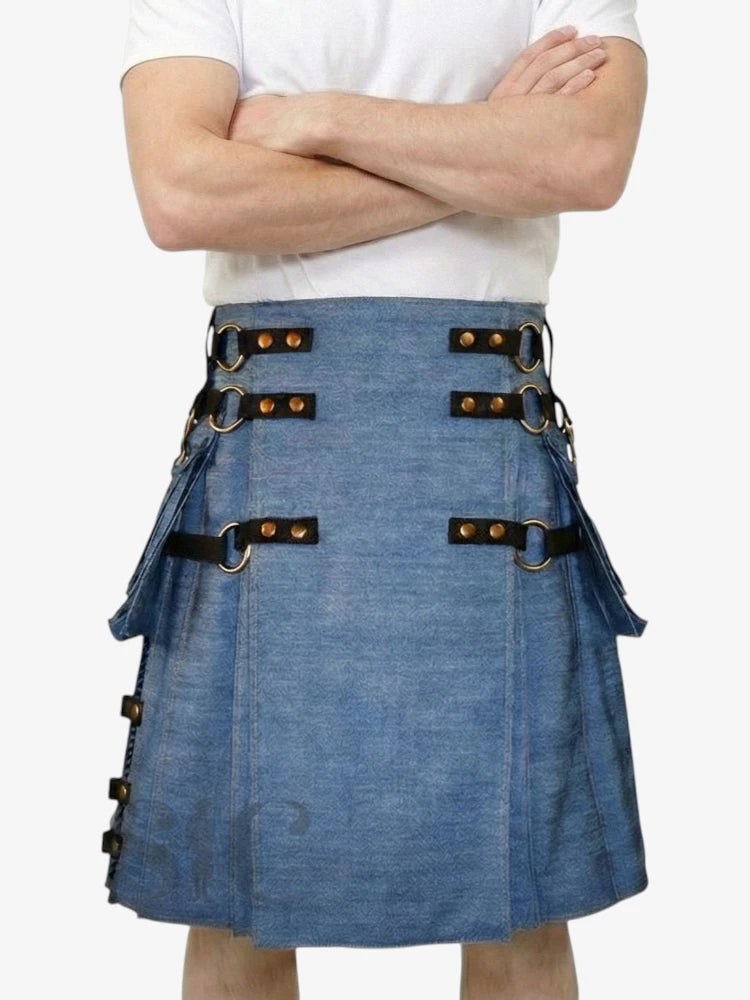 Jupe Écossaise en Denim Bleu avec Sangles Réglables