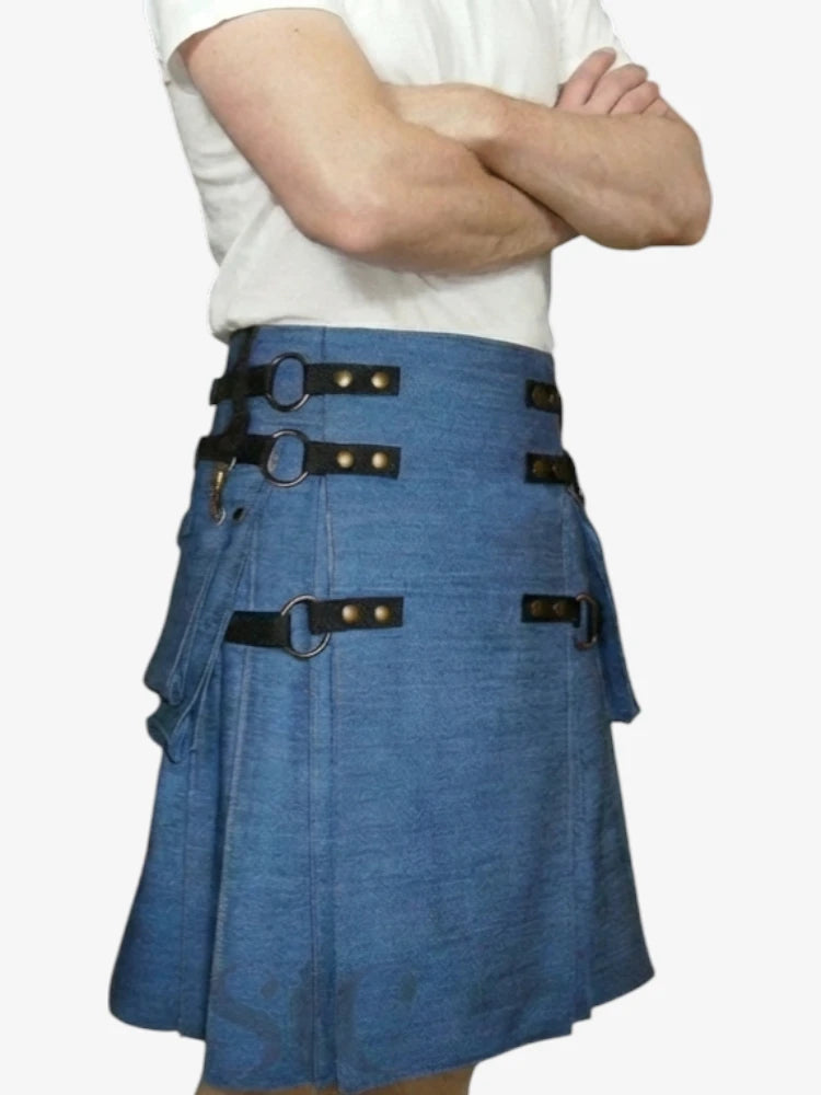 Jupe Écossaise en Denim Bleu avec Sangles Réglables