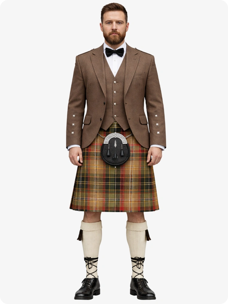 Kilt Asman Day Tan Tartan et Ensemble Veste Argyle Tan