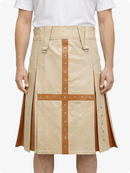 Beige skirt with brown accents and a white top on a white background