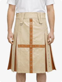 Beige skirt with brown accents and a white top on a white background