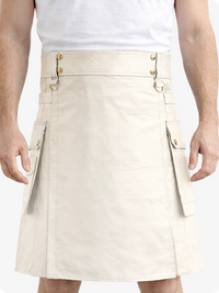 Biege Cream Genuine Leather Utility Kilt with Cargo Pockets & D-Rings