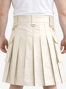 Biege Cream Genuine Leather Utility Kilt with Cargo Pockets & D-Rings