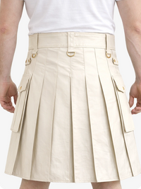 Biege Cream Genuine Leather Utility Kilt with Cargo Pockets & D-Rings