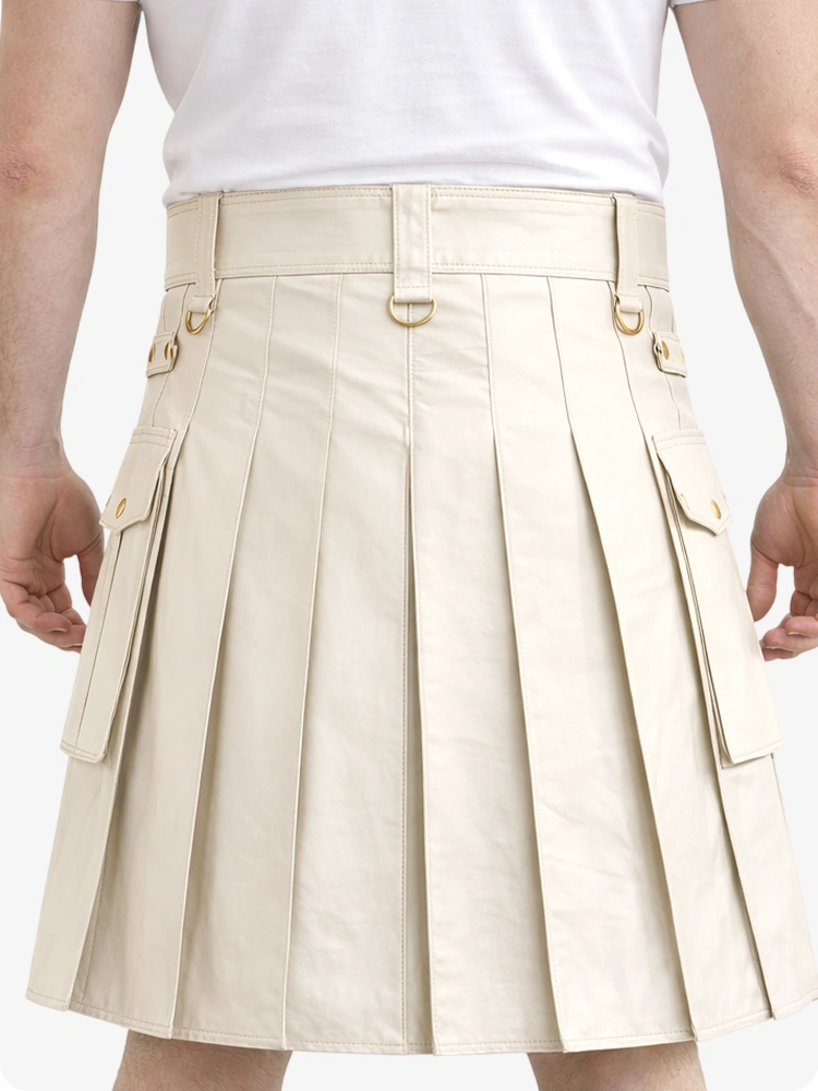 Biege Cream Genuine Leather Utility Kilt with Cargo Pockets & D-Rings