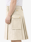 Biege Cream Genuine Leather Utility Kilt with Cargo Pockets & D-Rings