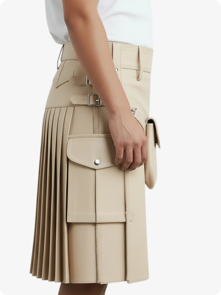 Kilt en cuir plissé crème beige avec passants de ceinture et sangles latérales