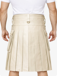 Biege Cream Leather Utility Kilt with Chain Detailing & Adjustable Straps