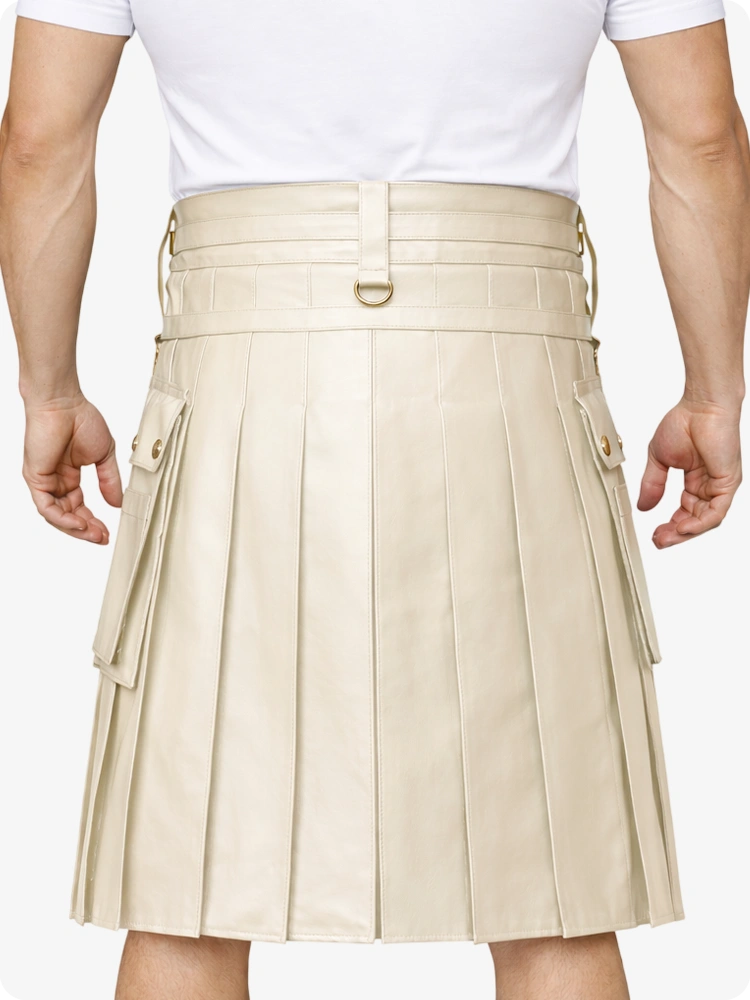 Biege Cream Leather Utility Kilt with Chain Detailing & Adjustable Straps