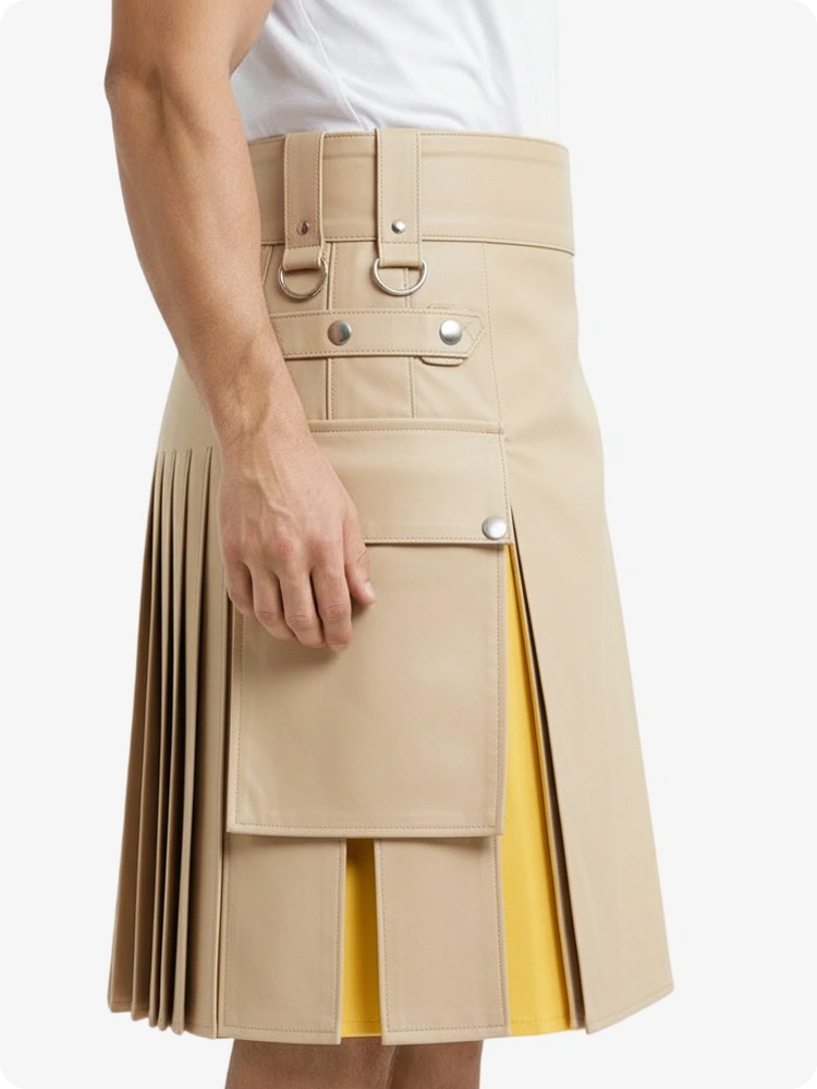 Kilt en cuir beige crème et jaune avec poches cargo