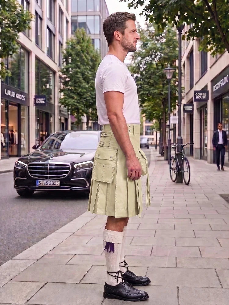 A man standing on a city sidewalk wearing a light olive green kilt, a white t-shirt, white socks, and black leather shoes, with a black Mercedes-Benz car and urban buildings in the background.