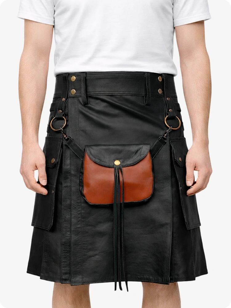 Kilt utilitaire en cuir noir avec sporran frontal