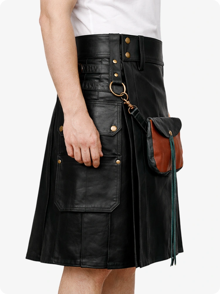 Kilt utilitaire en cuir noir avec sporran frontal