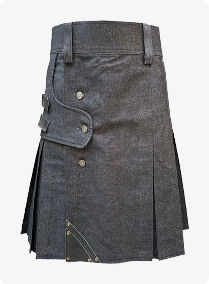 Kilt denim noir utility sur mesure avec sangles en cuir