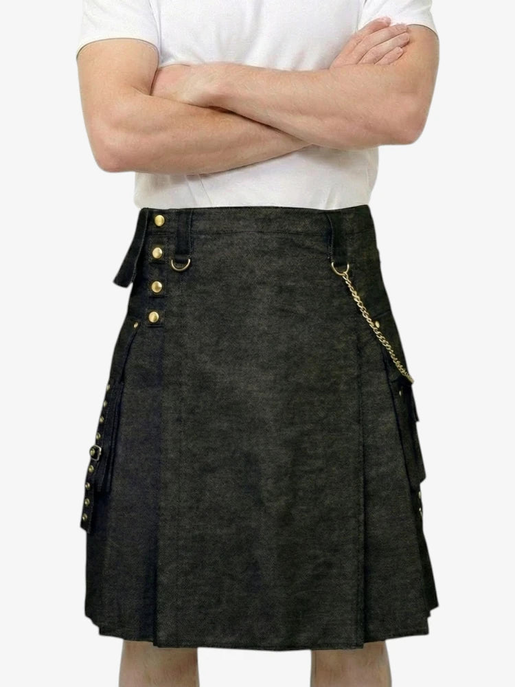 Jupe Écossaise en Denim Noir avec Chaîne Dorée