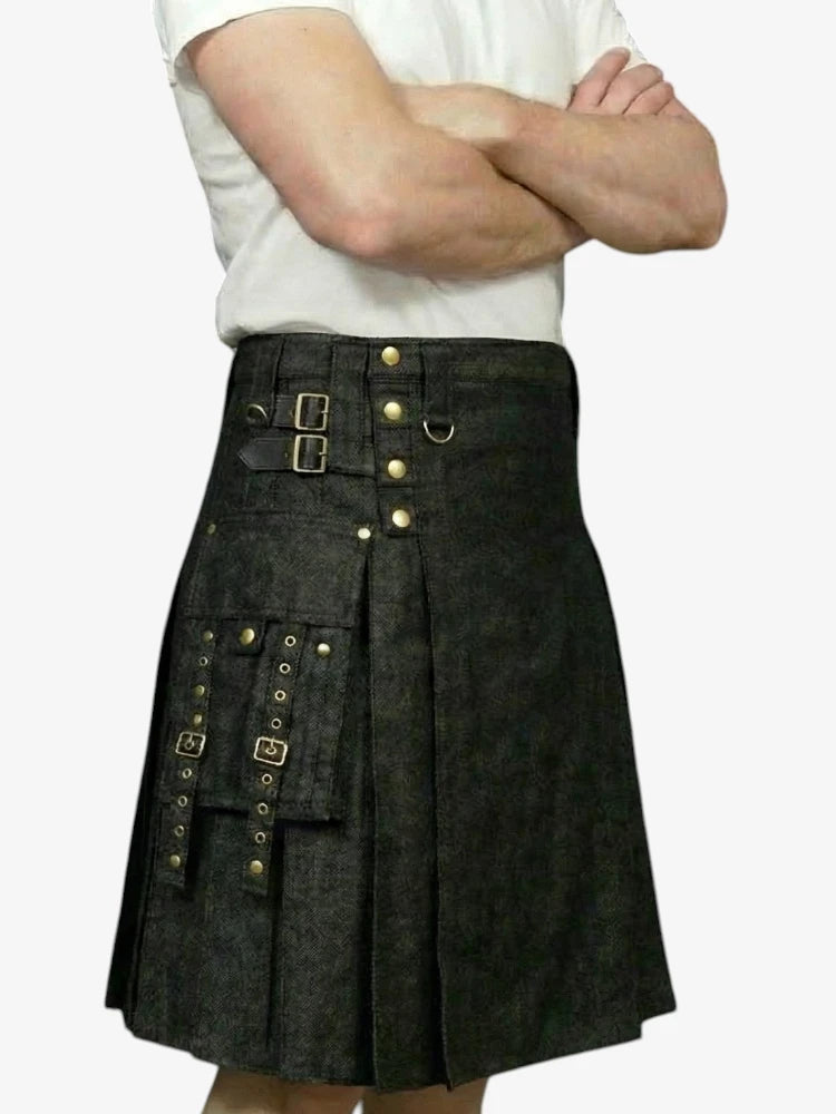 Jupe Écossaise en Denim Noir avec Chaîne Dorée