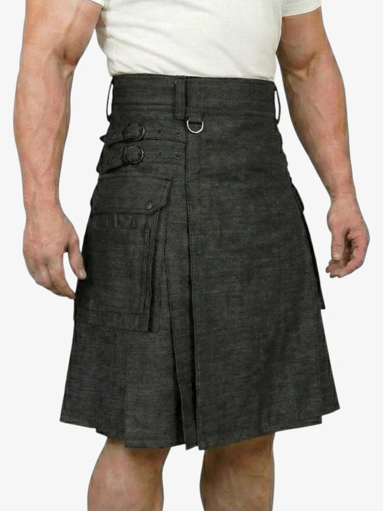 Jupe Écossaise en Denim Noir avec Bouton-Pression