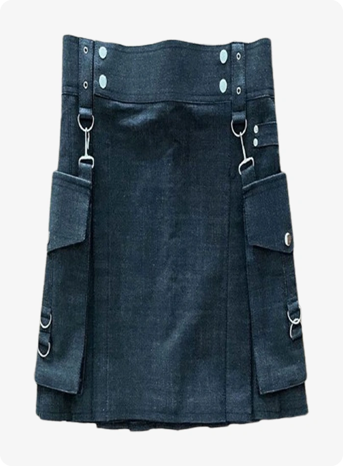Kilt denim noir sur mesure avec boucles