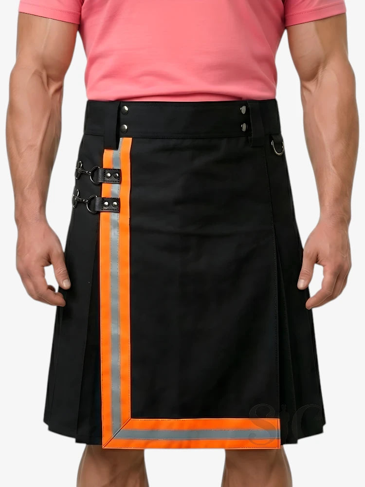 Kilt Pompier Noir avec Rayures Orange