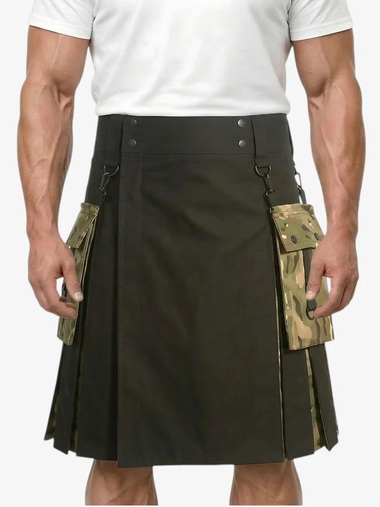 Jupe Écossaise Hybride Noire avec Poches Camouflage Latérales