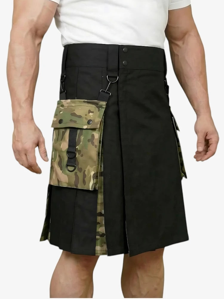 Jupe Écossaise Hybride Noire avec Poches Camouflage Latérales