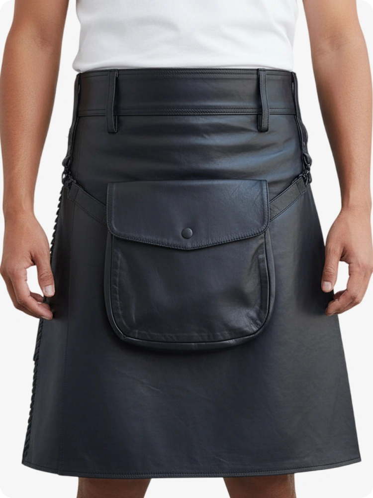 Kilt en cuir plissé noir avec passants de ceinture et sangles latérales