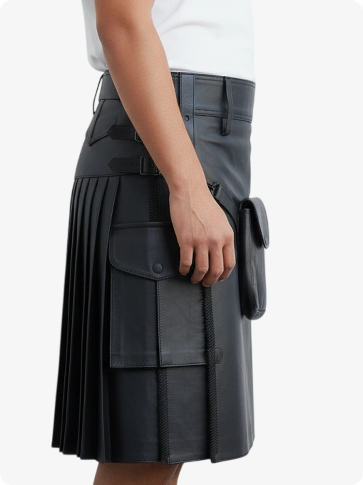 Kilt en cuir plissé noir avec passants de ceinture et sangles latérales