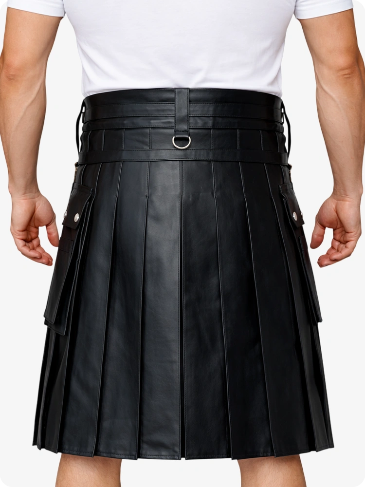 Black Leather Utility Kilt with Chain Detailing & Adjustable Straps