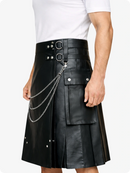 Black Leather Utility Kilt with Chain Detailing & Adjustable Straps