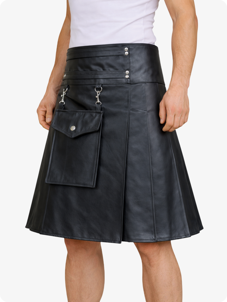 Black leather skirt with silver buttons and pockets on a white background