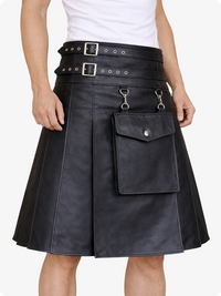 Black leather kilt with belt and pockets on a white background