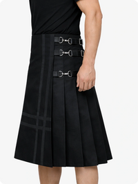 Black kilt with belt and buckle details on a white background
