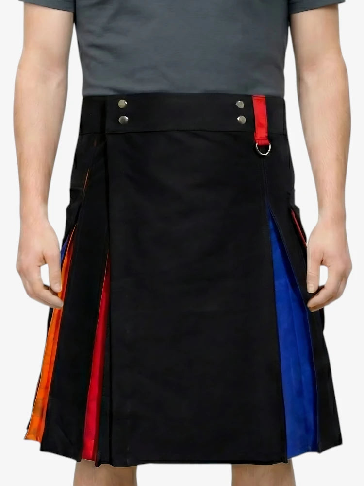 Kilt Rainbow Noir avec Plis Rouges et Bleus