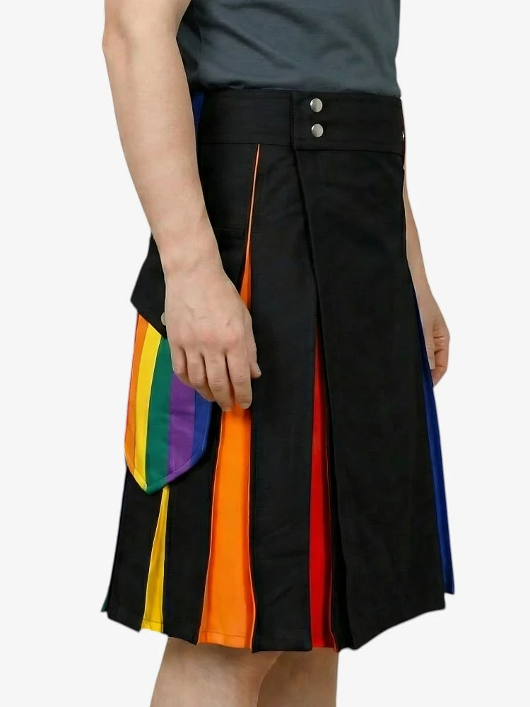 Kilt Rainbow Noir avec Plis Rouges et Bleus