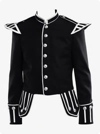 Black military-style jacket with white accents on a white background