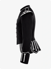 Black military-style jacket with white accents on a white background