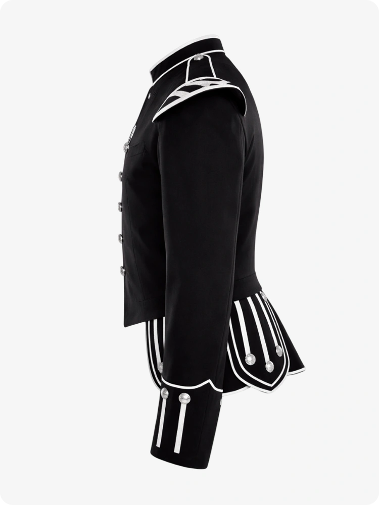 Black military-style jacket with white accents on a white background