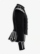 Black military-style jacket with white accents on a white background