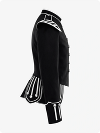 Black military-style jacket with white accents on a white background