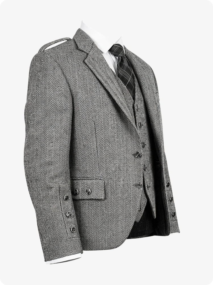 Grey Tweed Argyle Kilt Jacket With Vest