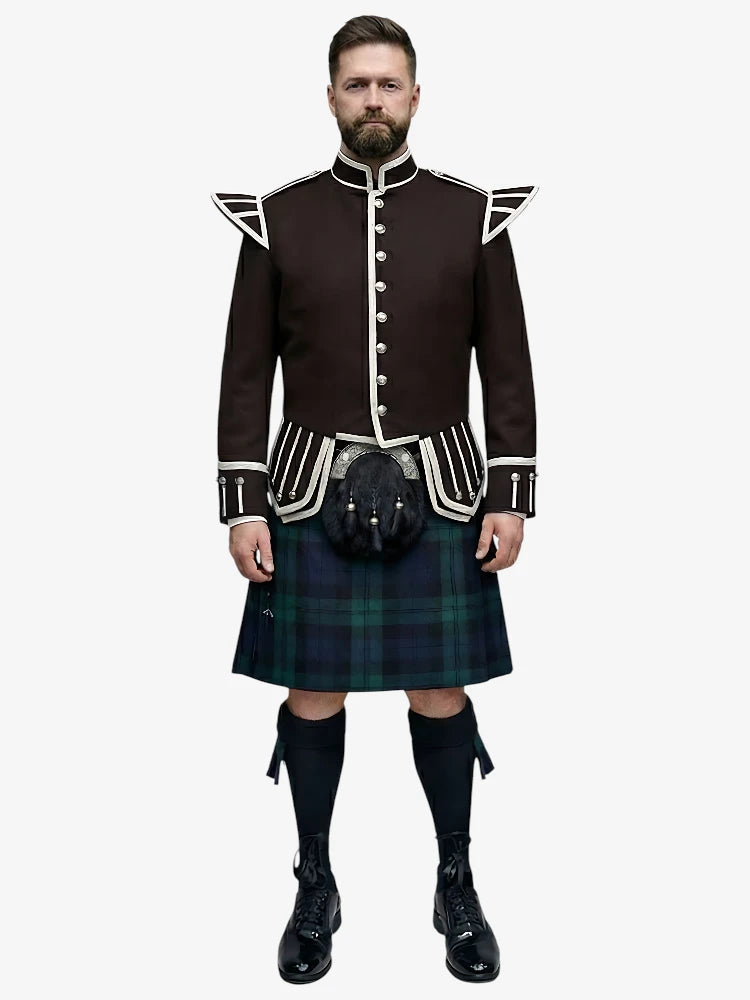 Tenue de Kilt Doublet Tartan Black Watch avec Veste Marron Foncé