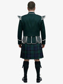 Person wearing a dark green jacket and a black watch tartan plaid kilt on a white background