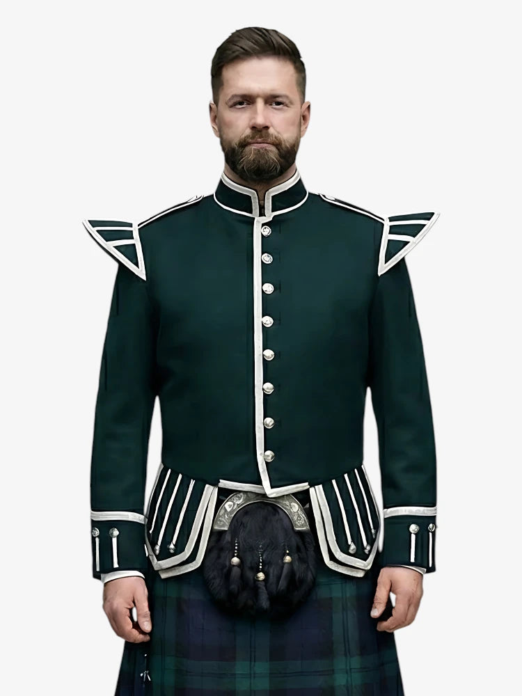 Man wearing a dark green doublet jacket with white trim and a black watch tartan kilt on a white background