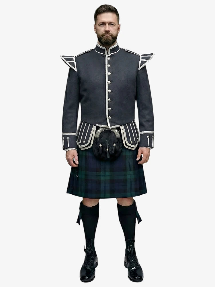 Tenue de Kilt Doublet en Tartan Black Watch avec Veste Gris Foncé