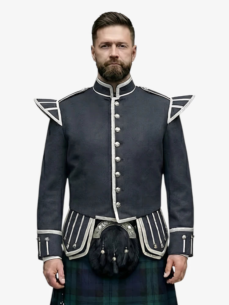 Man wearing a dark grey military-style jacket with white accents on a white background