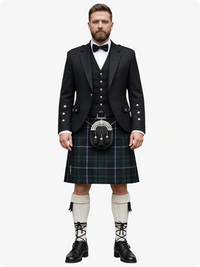 Man wearing a traditional Scottish kilt with a white background