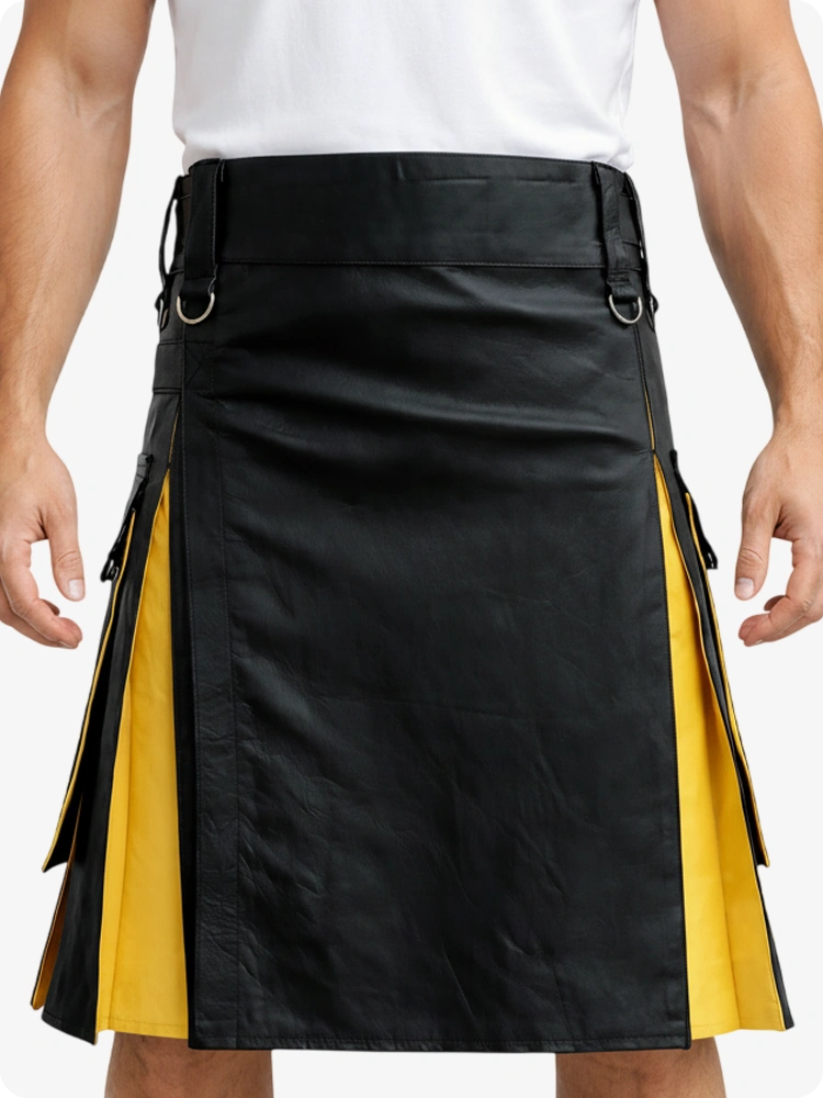 Kilt en cuir noir et jaune avec poches cargo