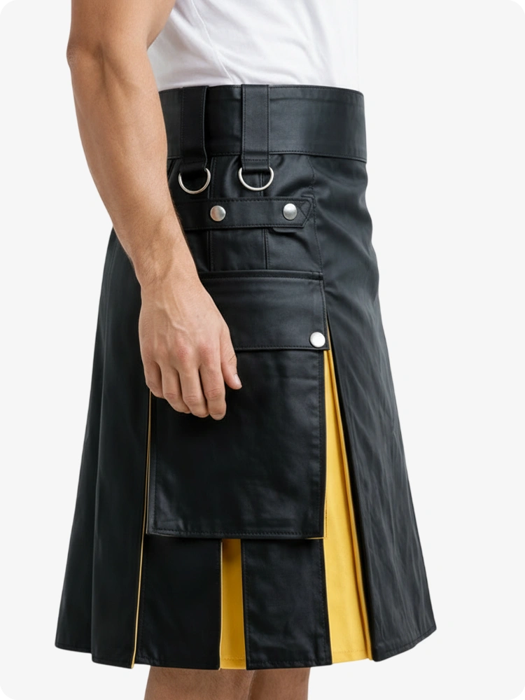 Kilt en cuir noir et jaune avec poches cargo