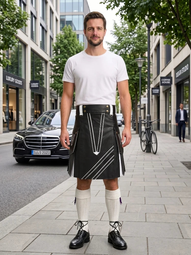 Black and White Leather Hybrid Utility Kilt Front
