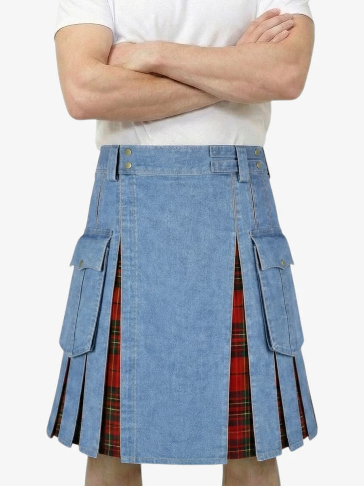 Jupe Écossaise en Denim Bleu Cargo